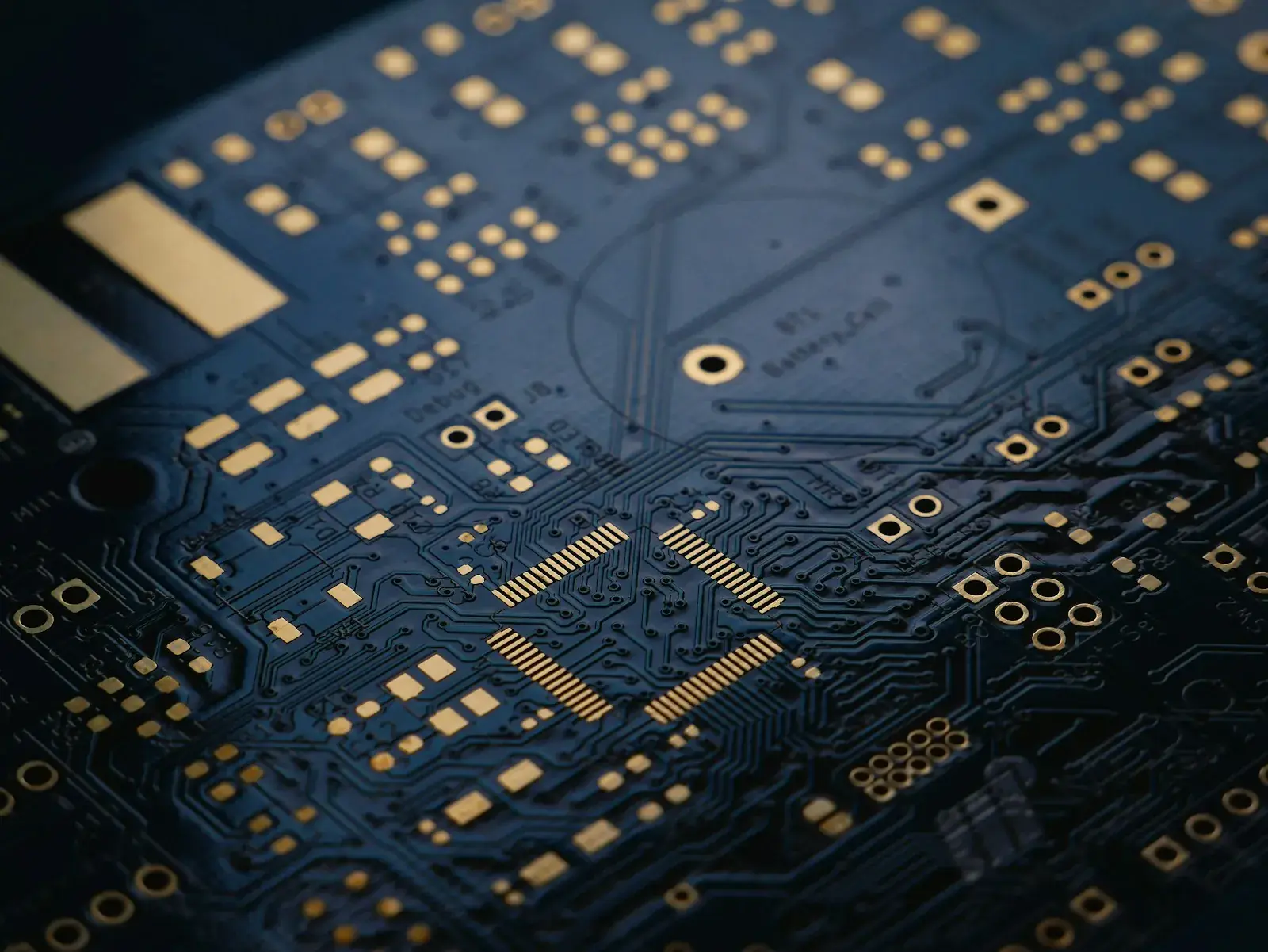 Close-up of a dark blue printed circuit board with gold contact pads
