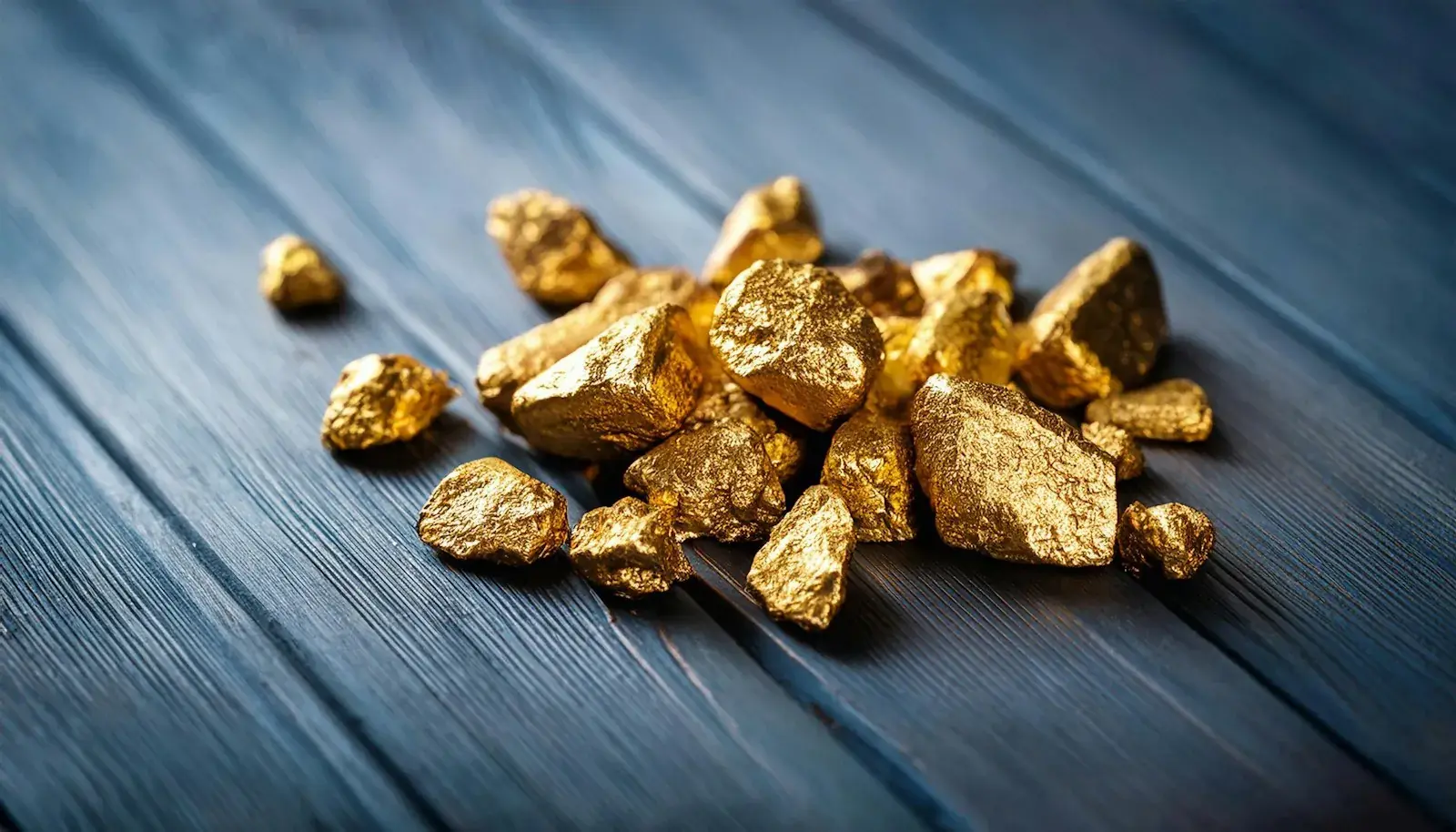 Gold nuggets on a dark wooden surface